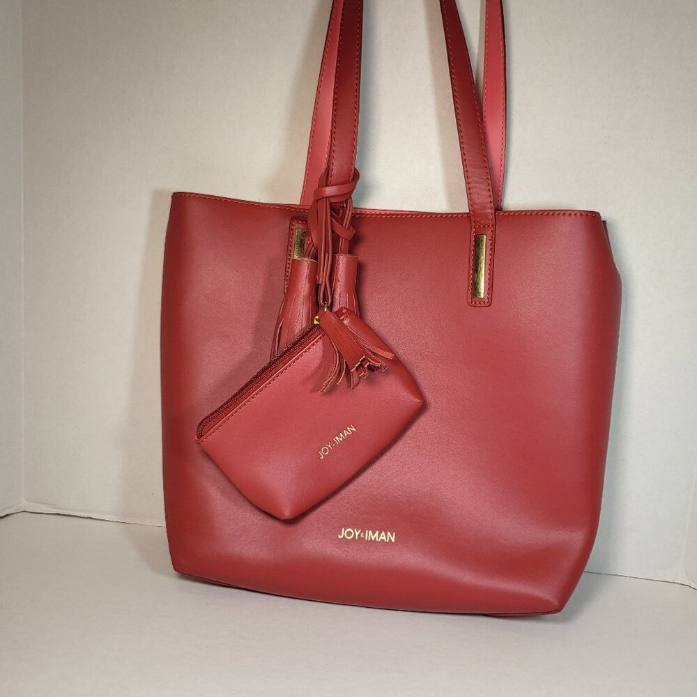 Joy & Iman Large Red Leather Tassel Tote with Wristlet and Removeable Insert - Picture 1 of 16